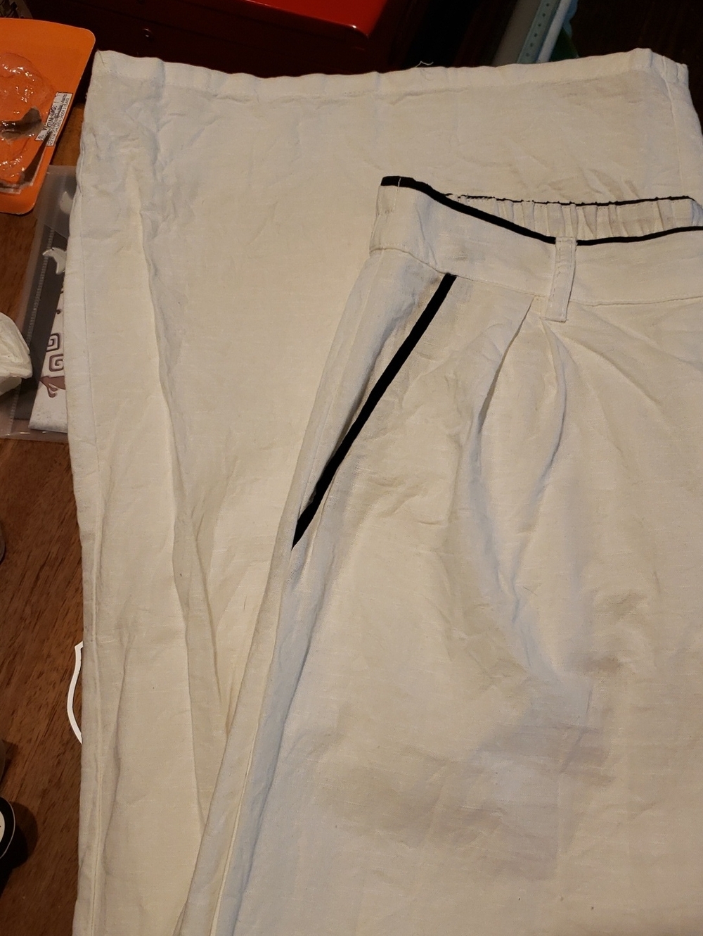 Anna Sui White Wide-Leg Pants with Navy Trim